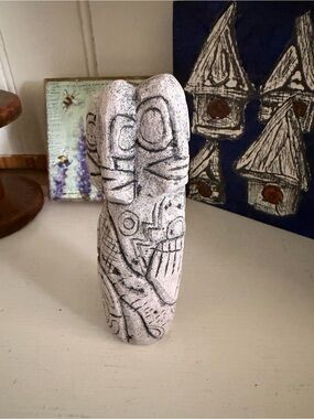 Handcrafted White and Black Tribal Stone Sculpture - Home Art Accent